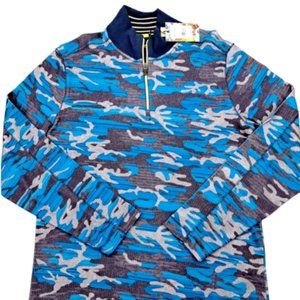 NWT Robert Graham Men's Streets Circuit Blue Camo 1/4 Zip Large Pullover Sweater